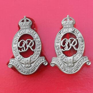 The Royal Horse Artillery - King's Crown White Metal Collar Badges