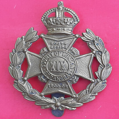19th County Of London St Pancras Regiment - King's Crown Gilding Metal Cap Badge