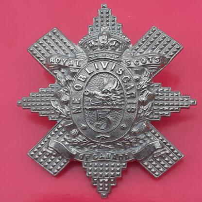 (Canada) The 5th Royal Scots Of Canada - King's Crown White Metal Cap Badge