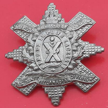 (Canada) 13th Battalion 1st Canadian Division The Royal Highlanders Of Canada - King's Crown White Metal Cap Badge