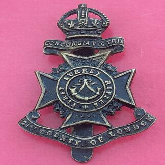 The 21st First Surrey Rifles - KIng's Crown Blackened Brass Cap Badge