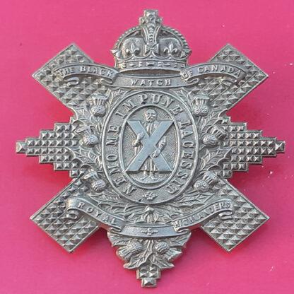 (Canada) - The Black Watch Of Canada Royal Highlanders - King's Crown White Metal Cap Badge.