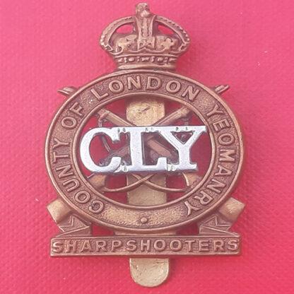The County Of London Yeomanry (Sharpshooters) - King's Crown Bi Metal Cap Badge.