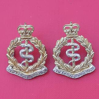 The Royal Army Medical Corps - Queen's Crown Bi Metal Collar Badges.