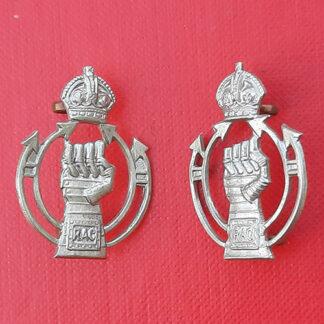 The Royal Armoured Corps - King's Crown White Metal Collar Badges.