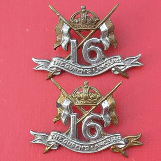 16th Queen's Lancers - King's Crown Bi Metal Collar Badges.