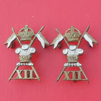 12th Lancers - King's Crown Bi Metal Collar Badges.