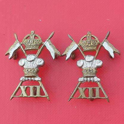 12th Lancers - King's Crown Bi Metal Collar Badges.