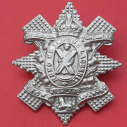 The Glasgow Highlanders (Highland Light Infantry) - King's Crown White Metal Cap Badge.