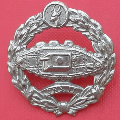 (South Africa) The South African Tank Corps - White Metal Cap Badge.