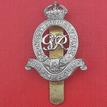 The Royal Horse Artillery - George VI King's Crown White Metal Cap Badge.