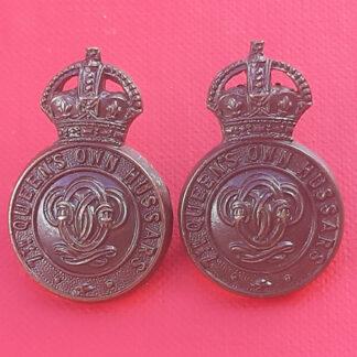 7th Queen's Own Hussars - King's Crown Officer's Service Dress Bronze Collar Badges.