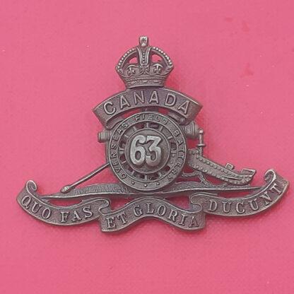 (Canada) The 63rd Royal Canadian Artillery - WW1 King's Crown Gilding Metal Cap Badge.