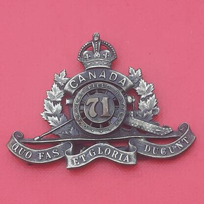 (Canada) The 71st Royal Canadian Artillery - WW1 King's Crown Gilding Metal Cap Badge.