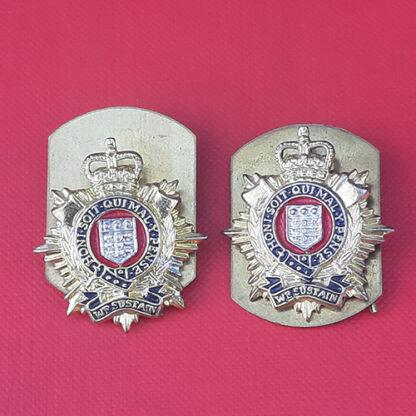 The Royal Logistics Corps - Queen's Crown Red & Blue Enamelled Metal Collar Badges.