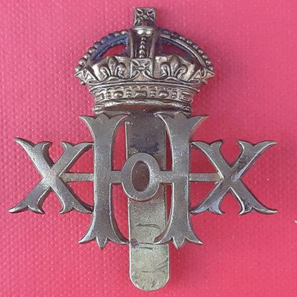 20th Hussars - King's Crown Gilding Metal Cap Badge.