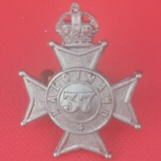 (Canadian Militia) 37th Haldimand Regiment - King's Crown White Metal Collar Badge.
