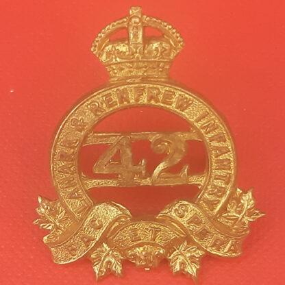 (Canadian Militia) 42nd Lanark & Renfrew Regiment - King's Crown Gilding Metal Collar Badge.