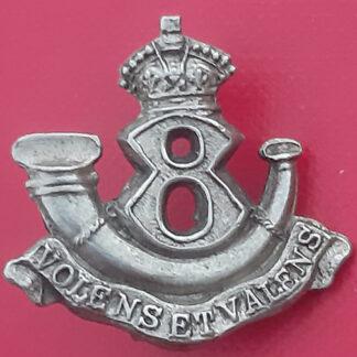 (Canadian Militia) 8th Battalion Royal Rifles - King's Crown White Metal Collar Badge.
