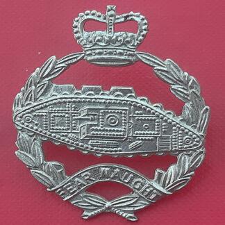 The Royal Tank Regiment - Queen's Crown White Metal Cap Badge.