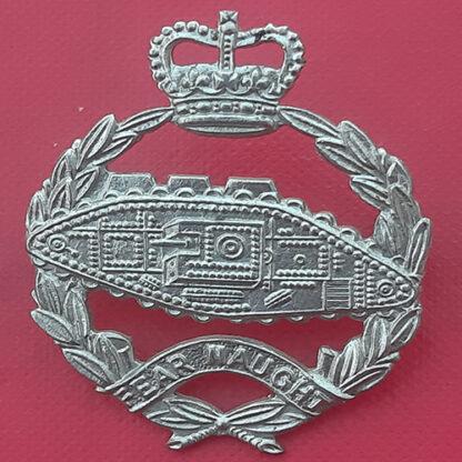 The Royal Tank Regiment - Queen's Crown White Metal Cap Badge.