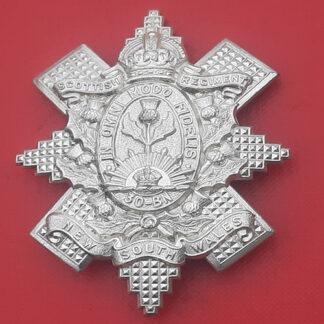 (Australia) 30th Australian Infantry Battalion New South Wales Scottish Regiment - King's Crown White Metal Cap Badge.
