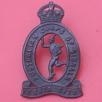 (Australia) Australian Corps Of Signals - King's Crown Bronzed Cap Badge.