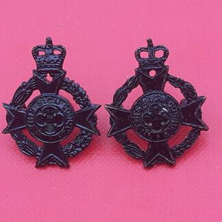 The Royal Army Chaplain's Department - Queen's Crown Blackened Brass Collar Badges.