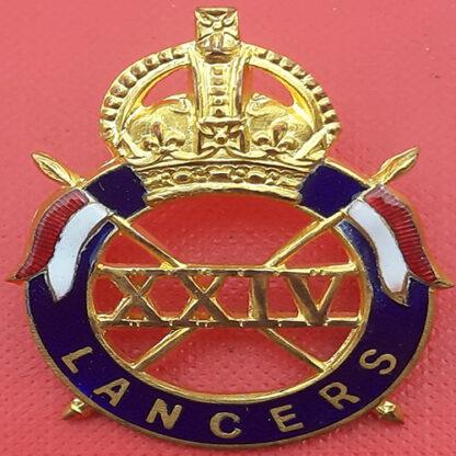24th Lancers - Kings Crown Officer's Silver Gilt & Enamelled Cap Badge.