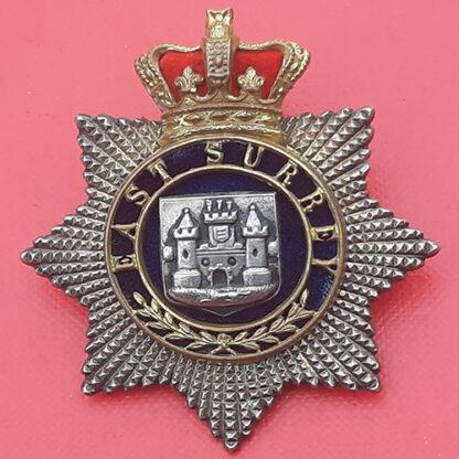 The East Surrey Regiment - Queen Victoria's Crown Silver, Gilt & Enamel Forage Cap Badge.