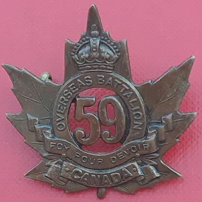 (Canada) 59th Infantry Battalion (Ontario) - King's Crown WW1 Gilding Metal Cap Badge.