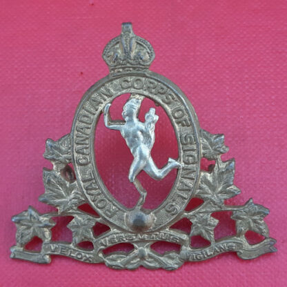 (Canada) Royal Canadian Corps Of Signals - King's Crown Bi Metal Cap Badge.