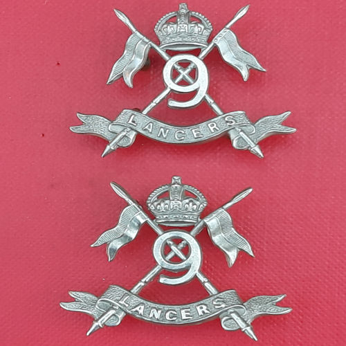 9th Lancers - King's Crown White Metal Collar Badges.