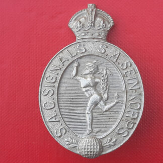 (South Africa) South African Signal Service - King's Crown White Metal Cap Badge.