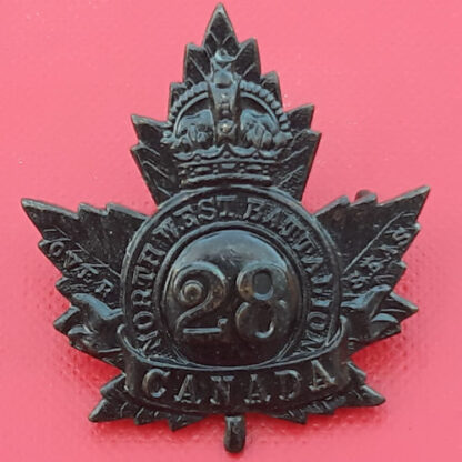 (Canada) 28th Infantry Battalion North West - King's Crown Blackened Brass Collar Badge.
