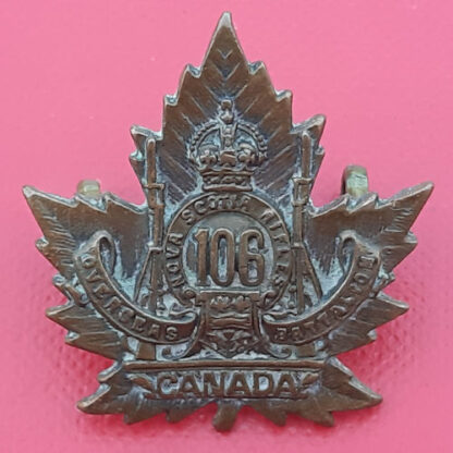 (Canada) 106th Infantry Battalion Nova Scotia Rifles - King's Crown Gilding Metal Collar Badge.