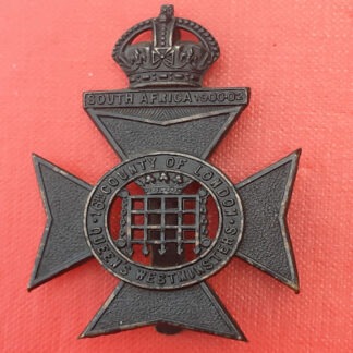 The 16th County Of London Queen's Westminsters - King's Crown Blackened Brass Cap Badge.