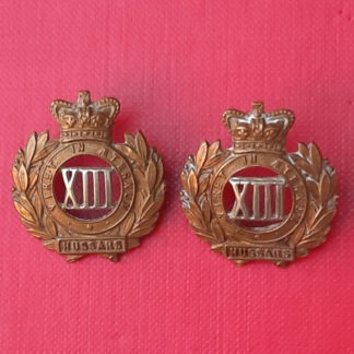 The 13th Hussars - Queen Victoria's Crown Bi Metal Collar Badges.