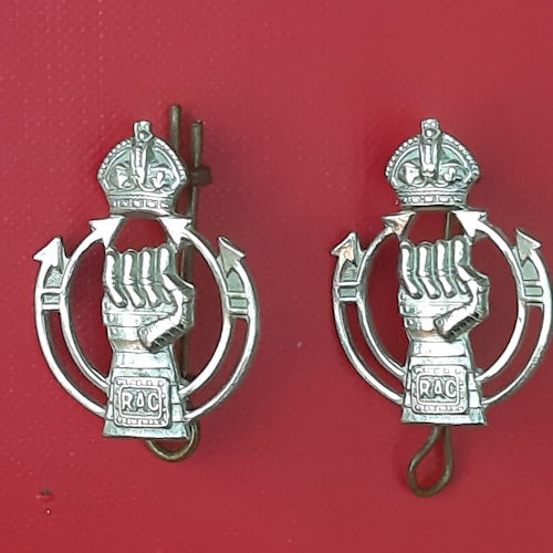 The Royal Armoured Corps - King's Crown White Metal Collar Badges.
