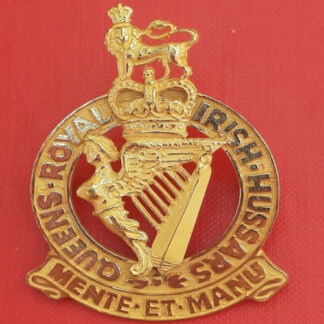 The Queen's Royal Irish Hussars - Queen's Crown Pipers Gilt Caubeen Badge.